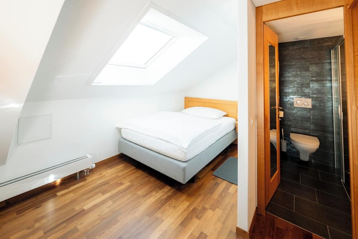 Ein Schlafzimmer mit Dachfenster, einem Bett, Holzboden und einem Badezimmer mit dunklen Fliesen.