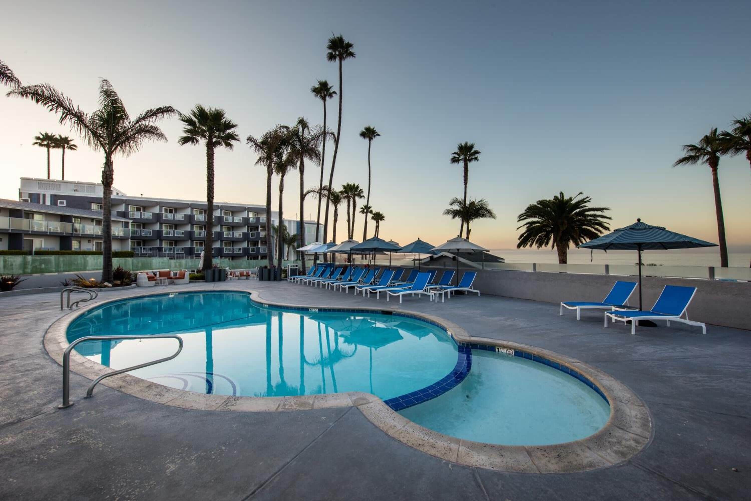 Una piscina con sillas reclinables azules y palmeras.