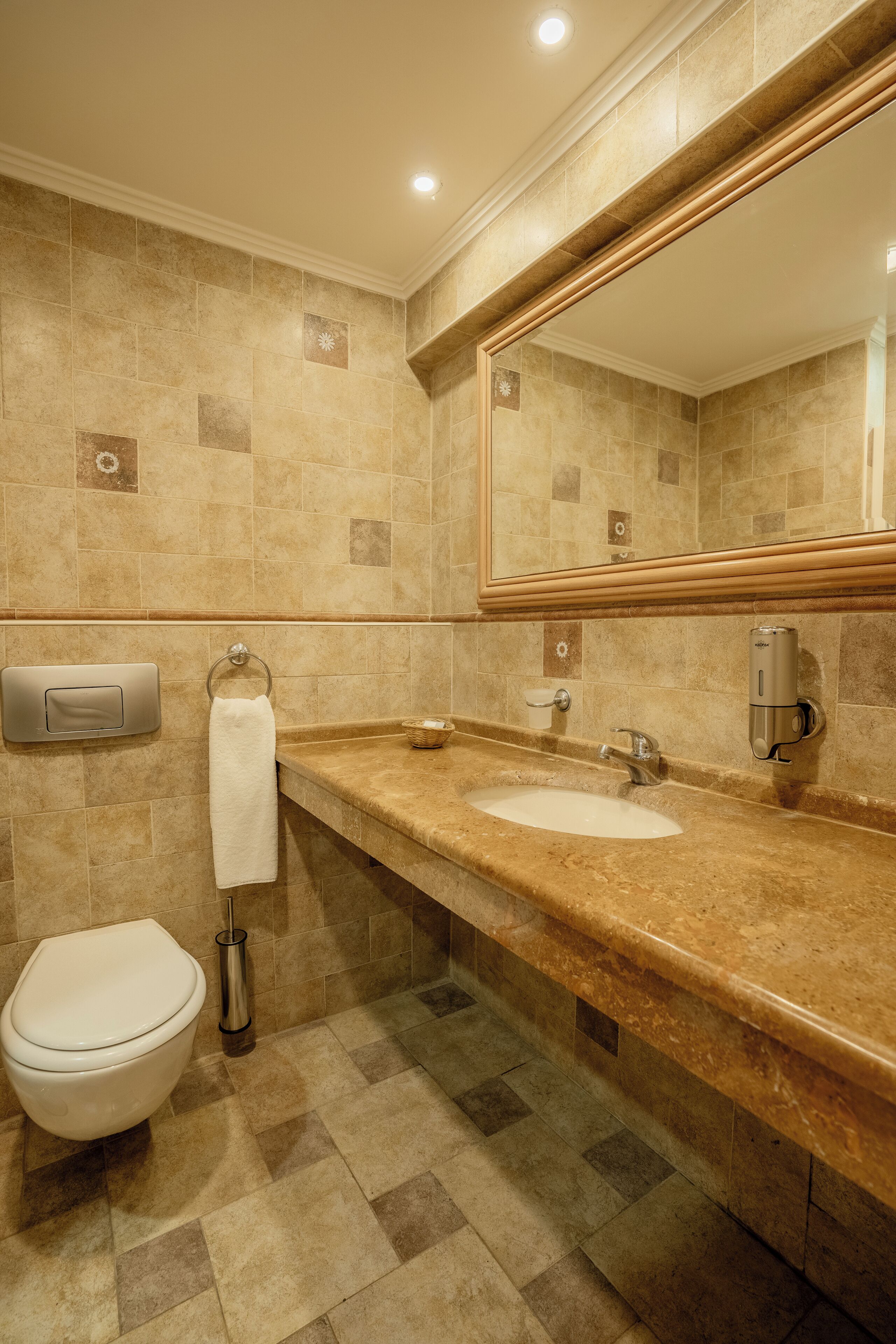 Une salle de bain avec un plan de toilette en marbre, un lavabo, des toilettes et un miroir.