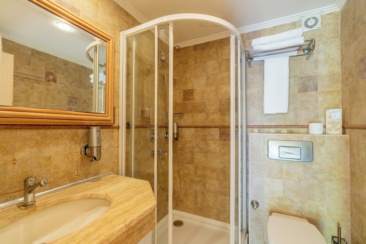 A bathroom with a glass-enclosed shower, a sink, and a toilet.