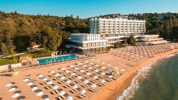 Private beach, beach umbrellas