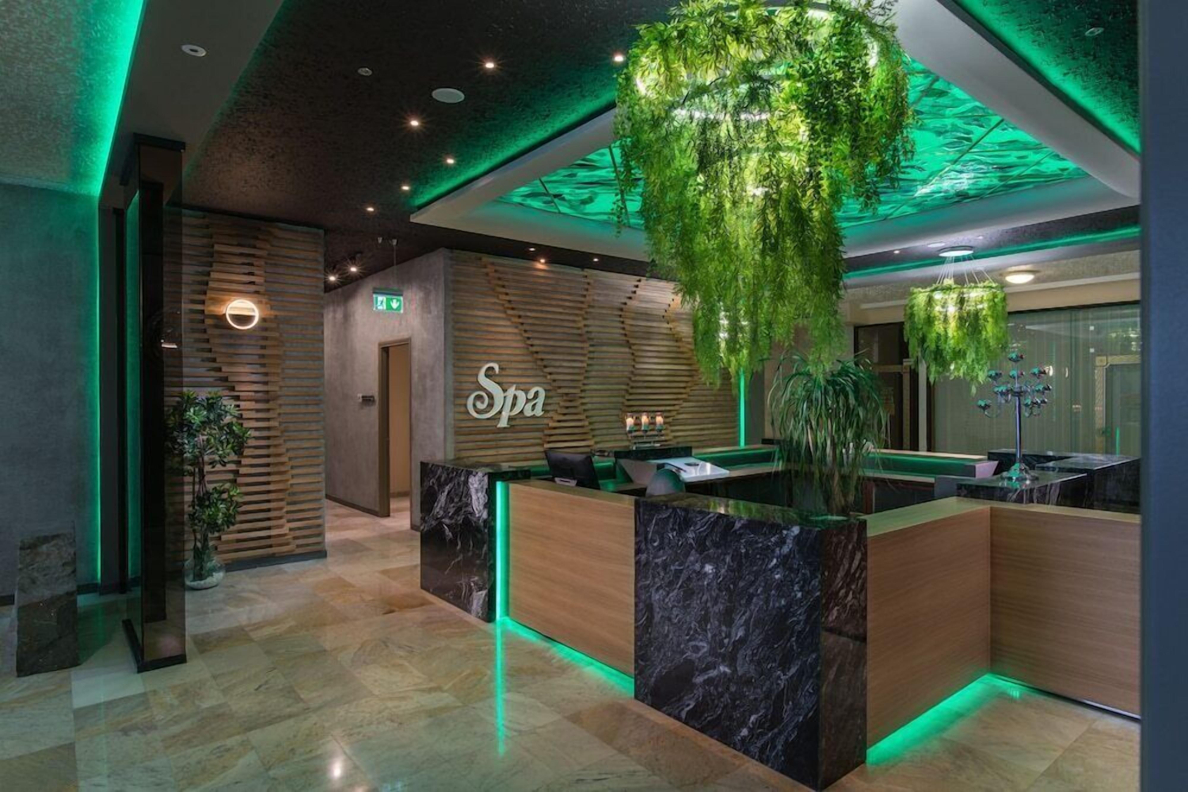 A spa reception area with a wooden reception desk, a green hanging plant, and a sign that reads 'Spa'.