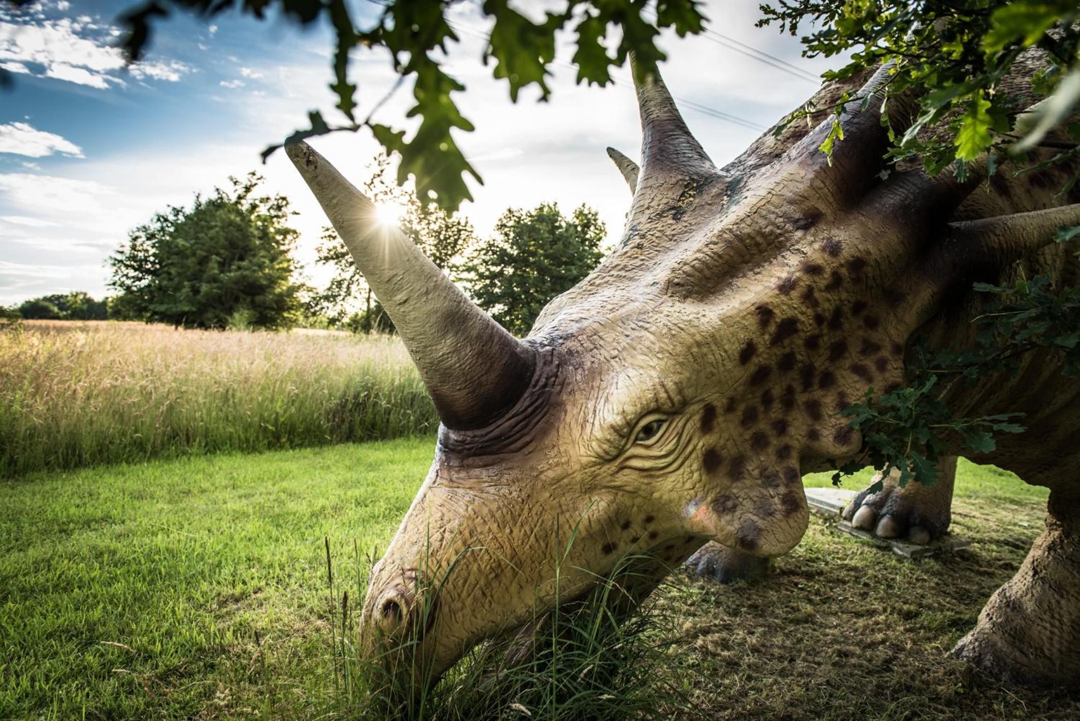 Un grand modèle de dinosaure à la peau texturée, placé dans un décor extérieur verdoyant.