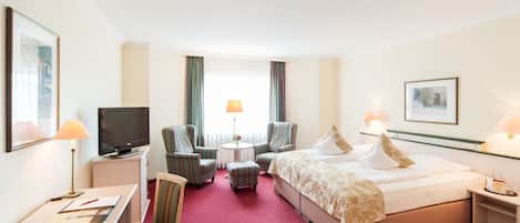 Hypo-allergenic bedding, desk, laptop workspace, iron/ironing board