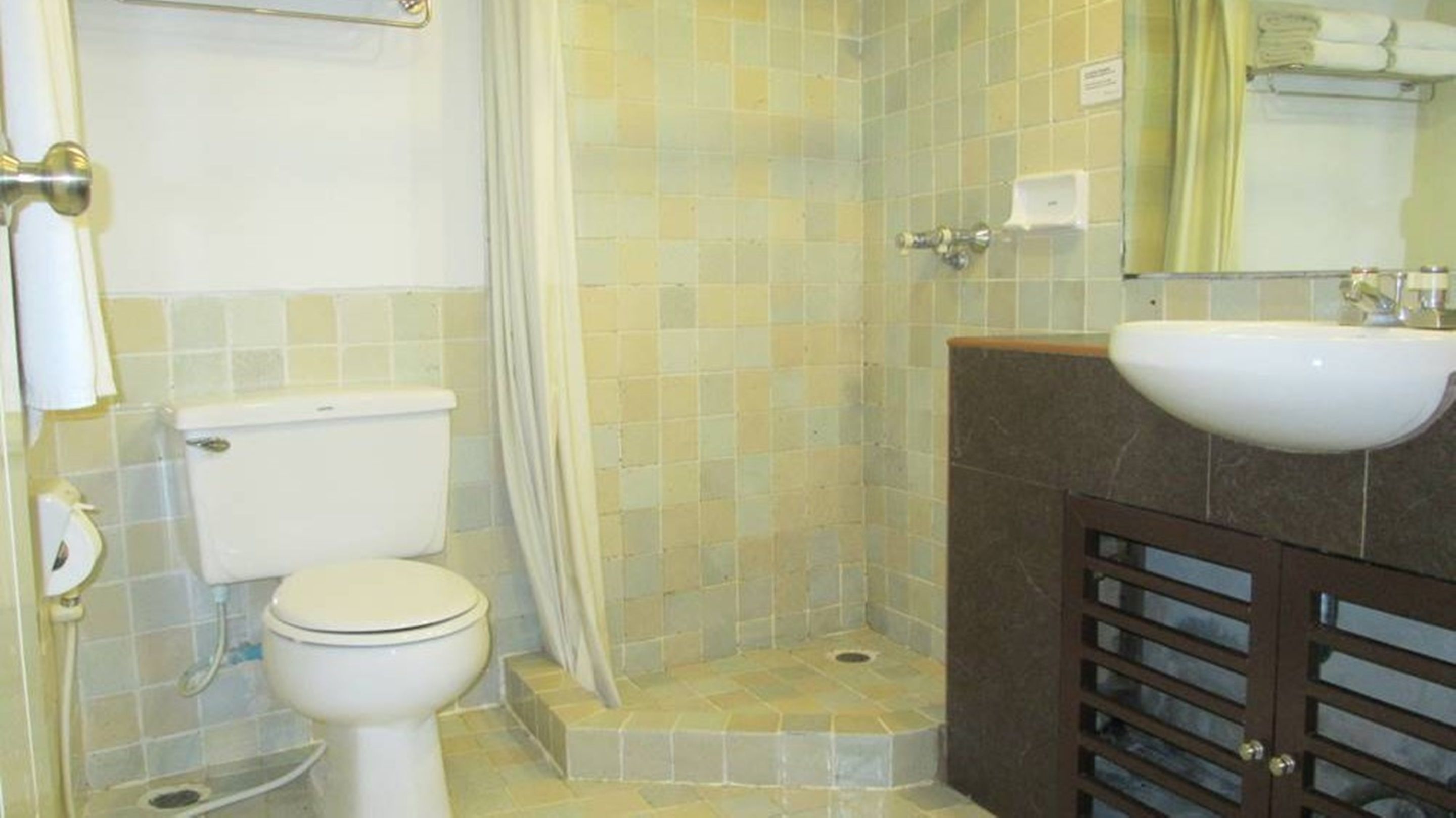 Un baño con inodoro, ducha, lavamanos y espejo.
