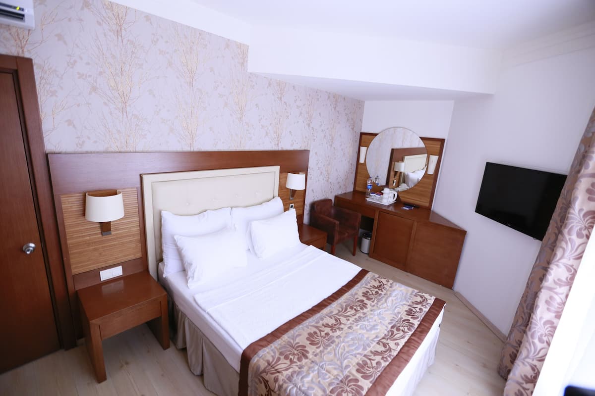 A hotel room with a bed, bedside table, lamp, desk, chair, mirror, and a TV.