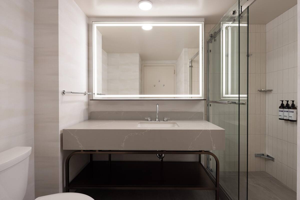 Tina con regadera, amenidades de baño de diseñador, secadora de cabello
