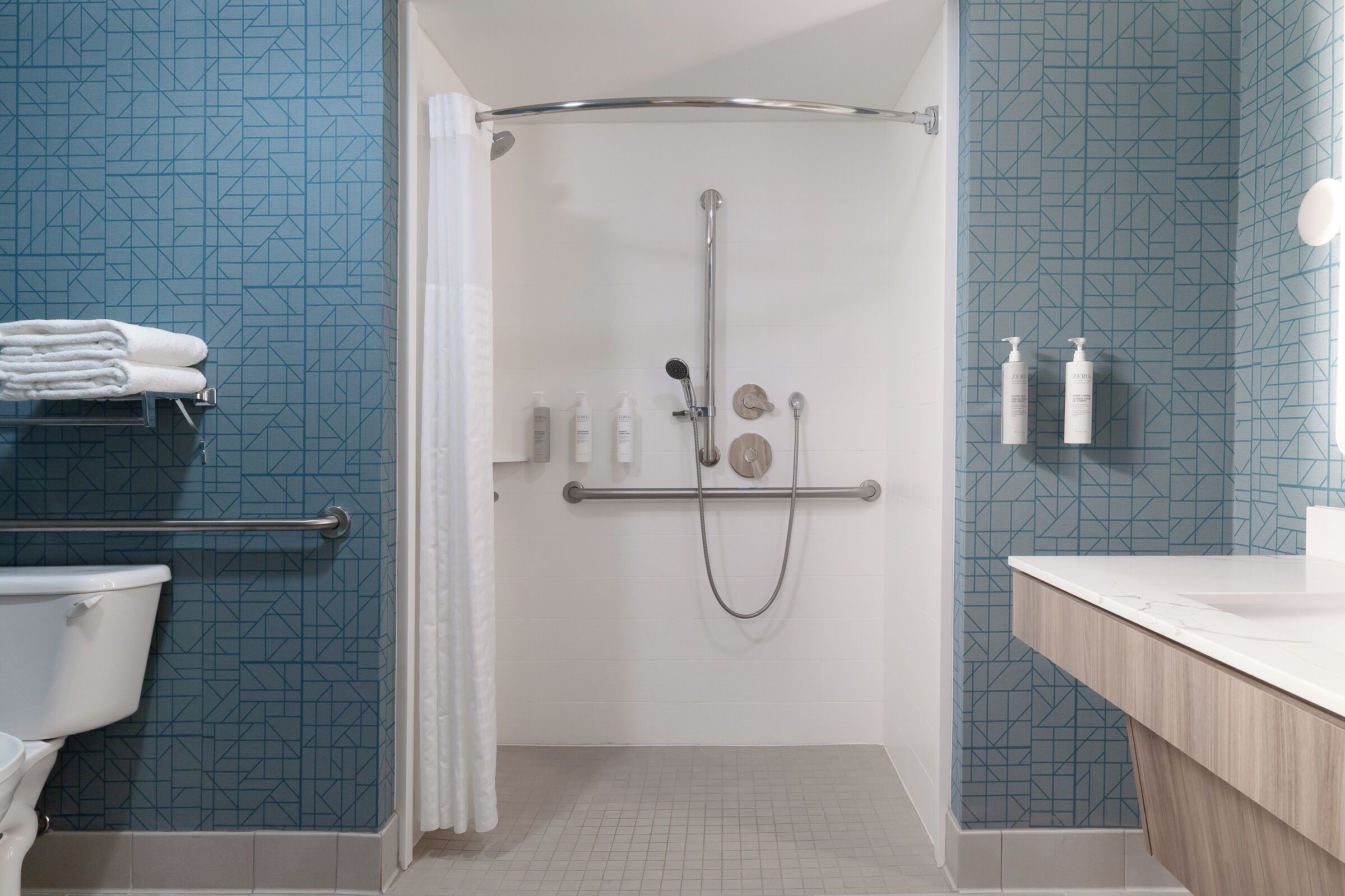 free toiletries, hair dryer, towels