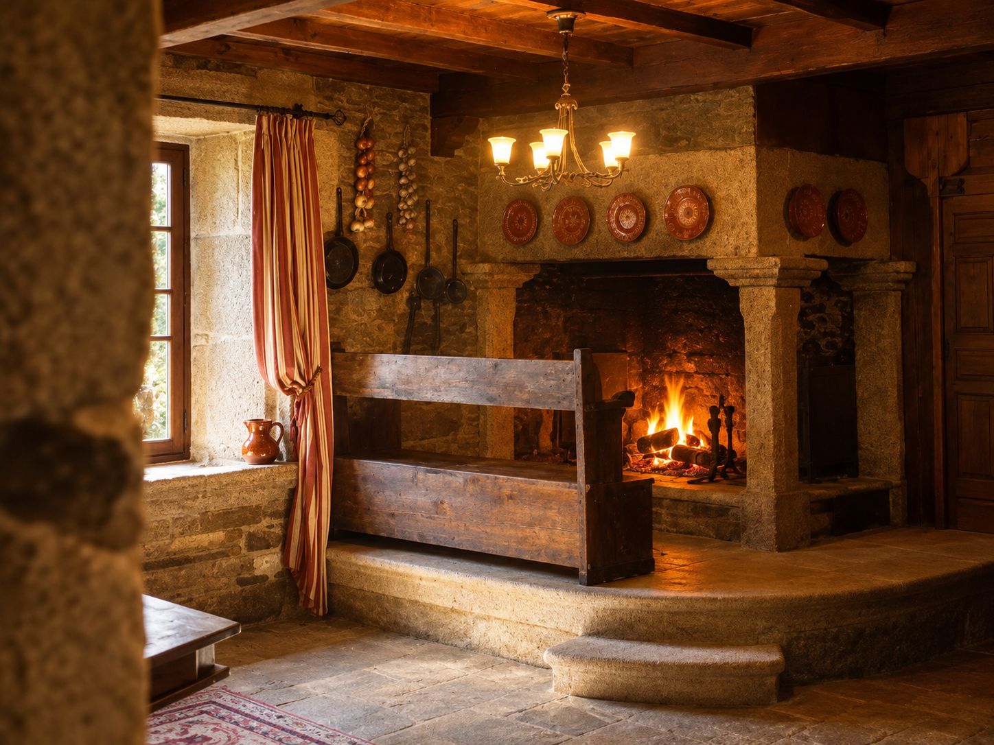 Una chimenea de piedra rústica con un banco de madera frente a ella, un candelabro y una ventana con cortinas.