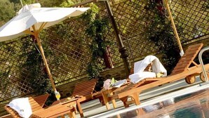 A poolside area with wooden lounge chairs and a table, surrounded by a metal fence and greenery.