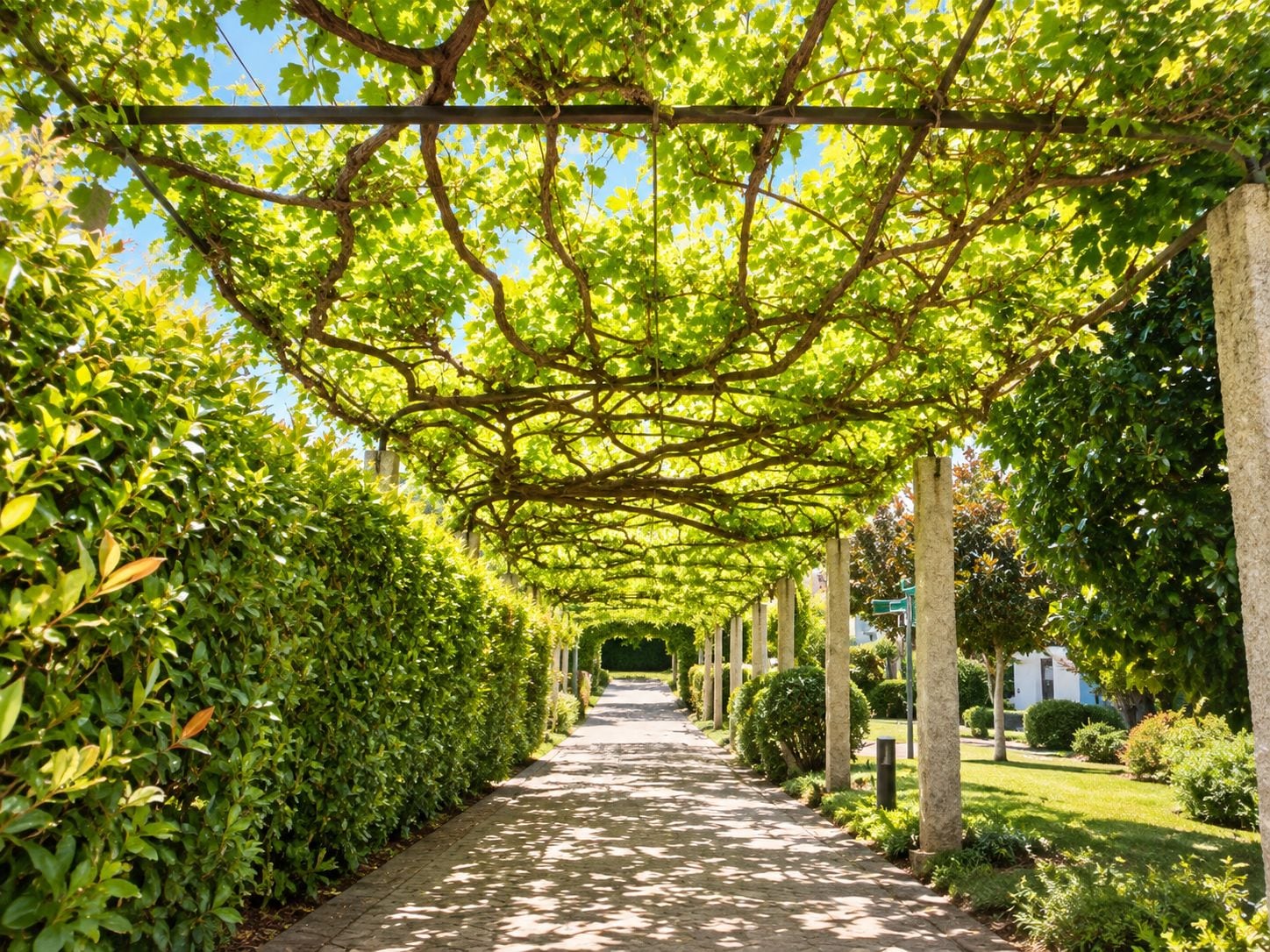 Un sendero bordeado de vegetación y una estructura de pérgola.