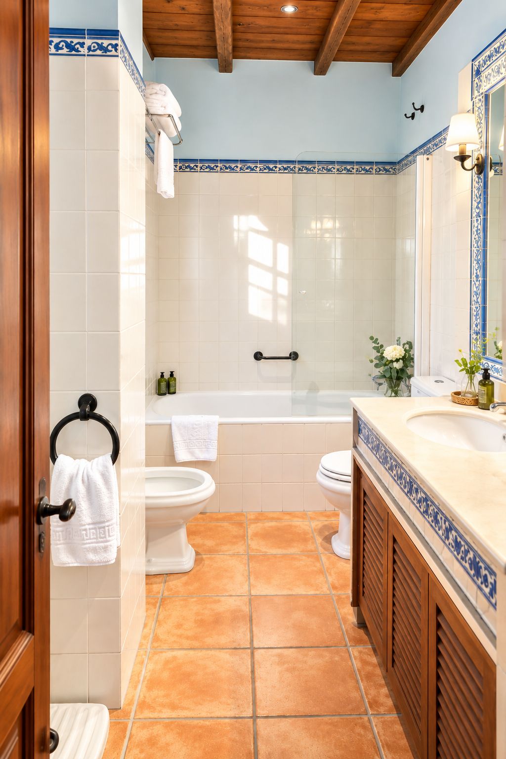Une salle de bain avec une baignoire, deux toilettes, un lavabo et un miroir.