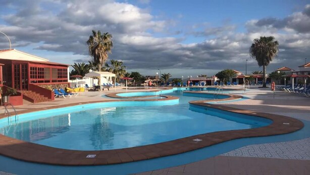 Una piscina amb diverses línies, envoltada de gandules i palmeres.