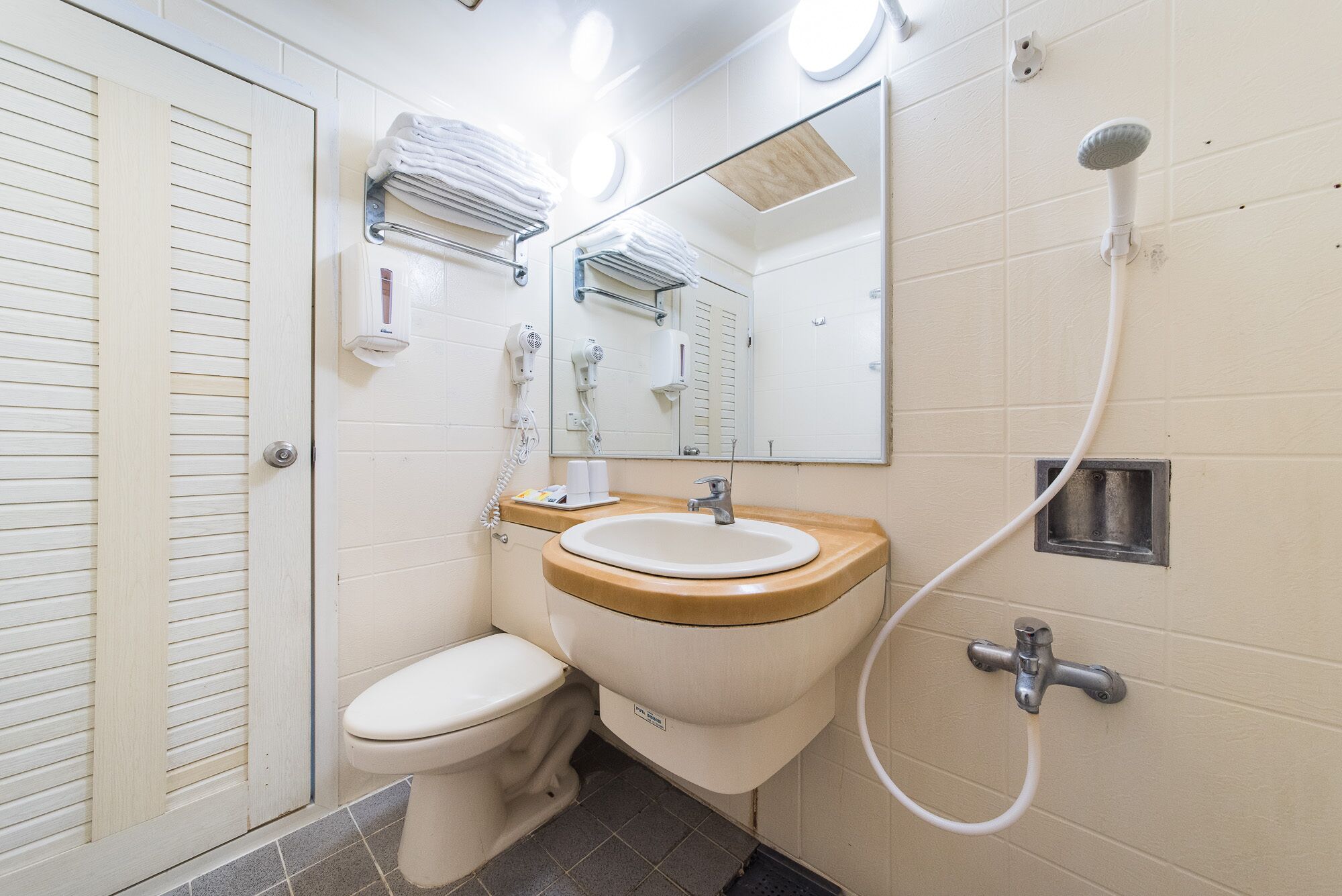 Une salle de bain avec des toilettes, un lavabo et une douche.