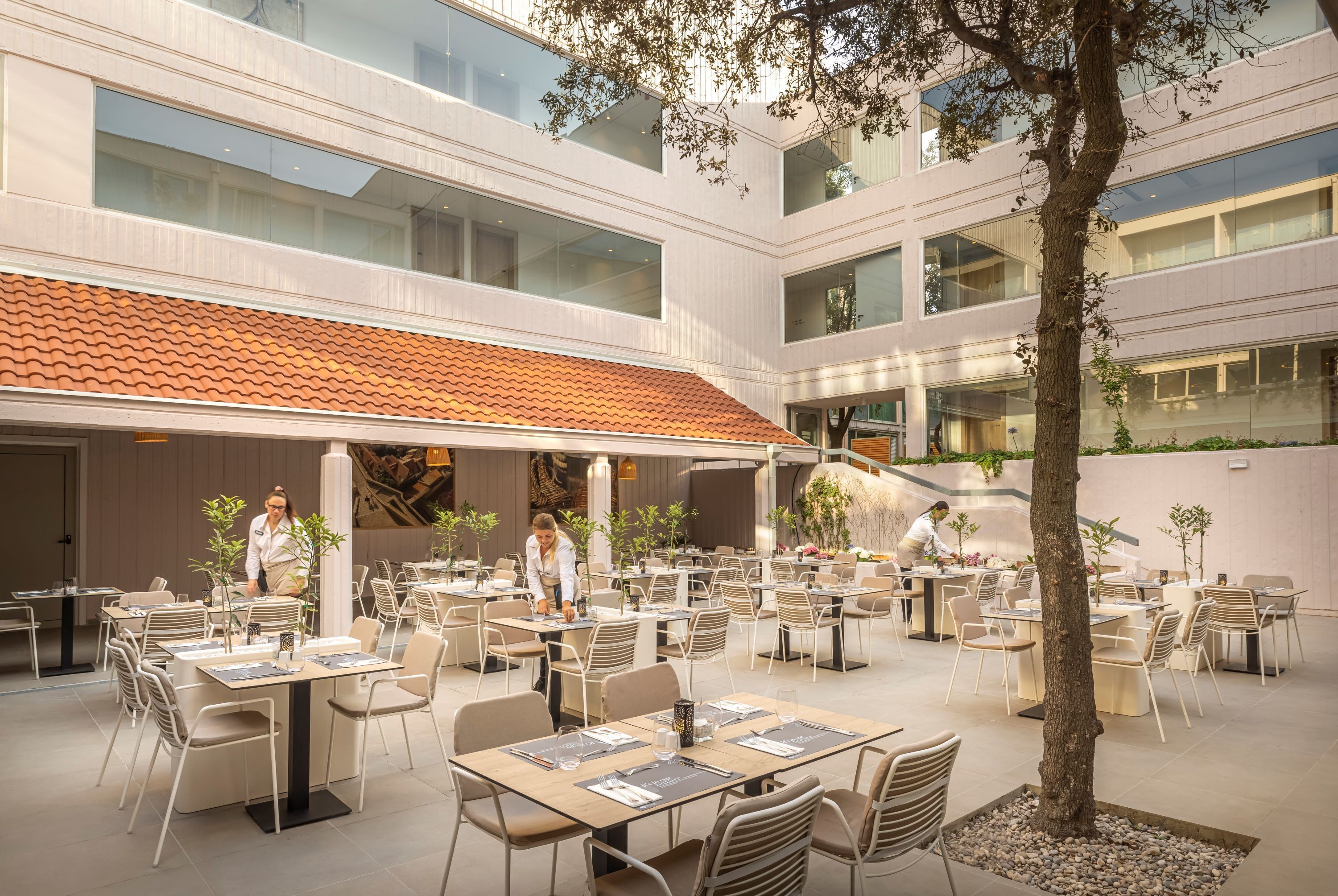 An outdoor dining area with multiple tables and chairs, a tree, and a building with large windows.