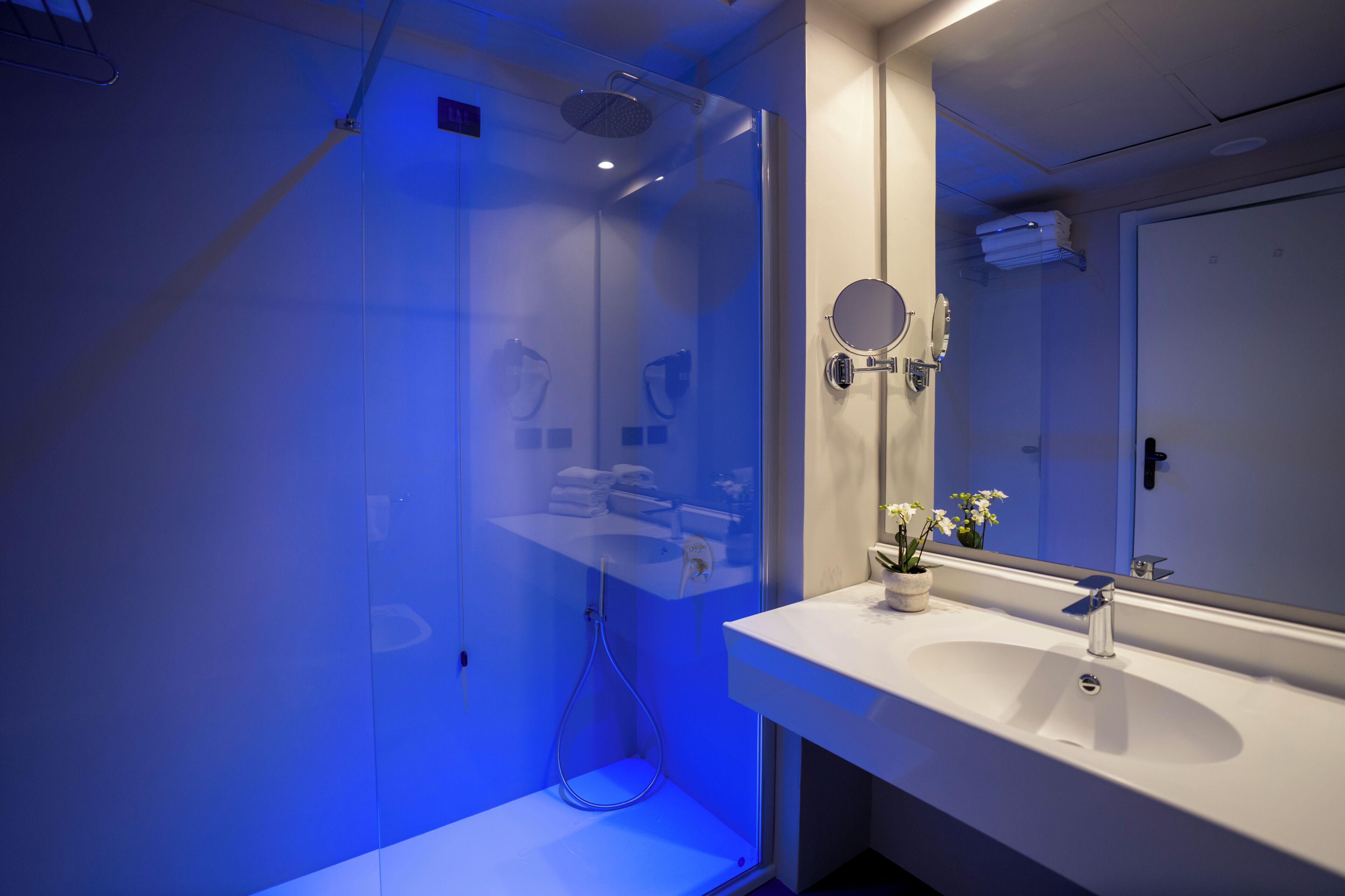A modern bathroom with a glass-enclosed shower, a white sink, and a mirror.