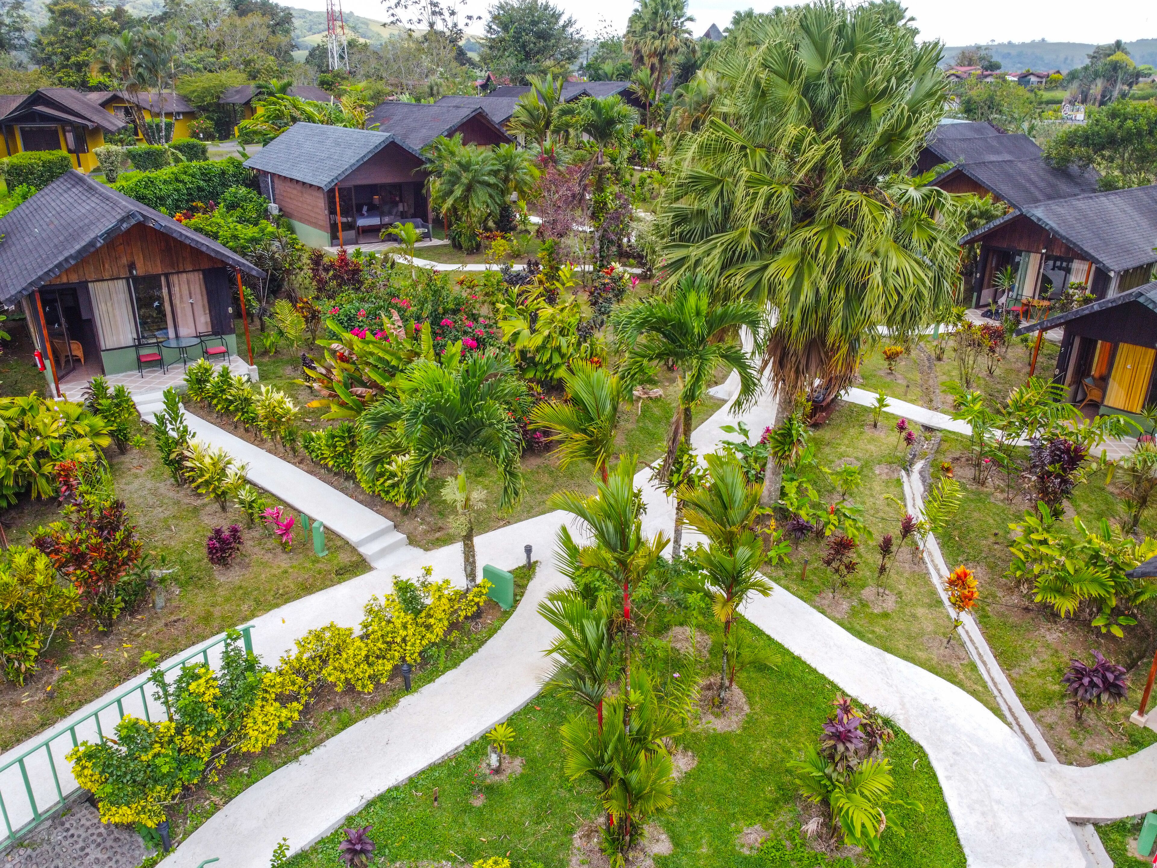 Un resort con varias cabañas rodeadas de exuberantes jardines y palmeras.