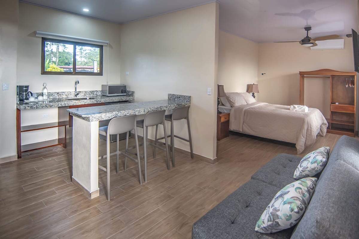 Een ruimtelijk ingerichte leefruimte met een kitchenette, een bed, een slaapbank en een plafondventilator.