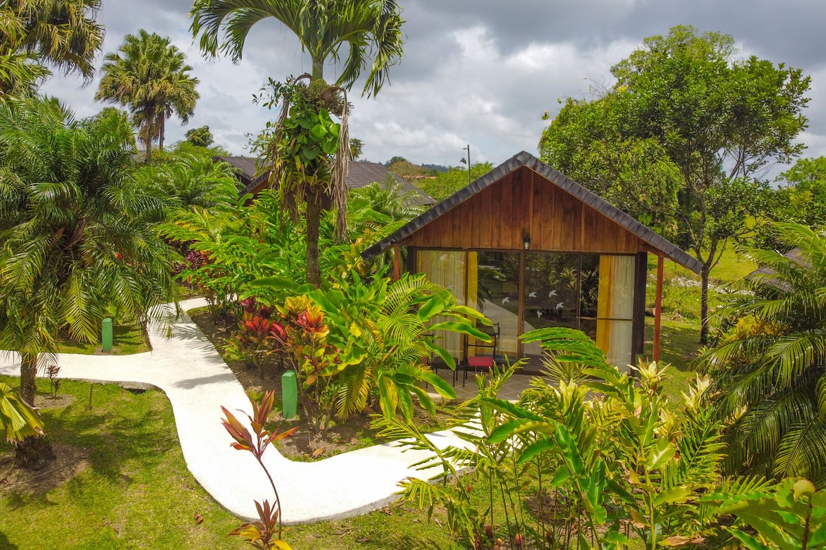 Een modern huis omringd door weelderige tropische begroeiing, waaronder palmbomen en diverse planten.