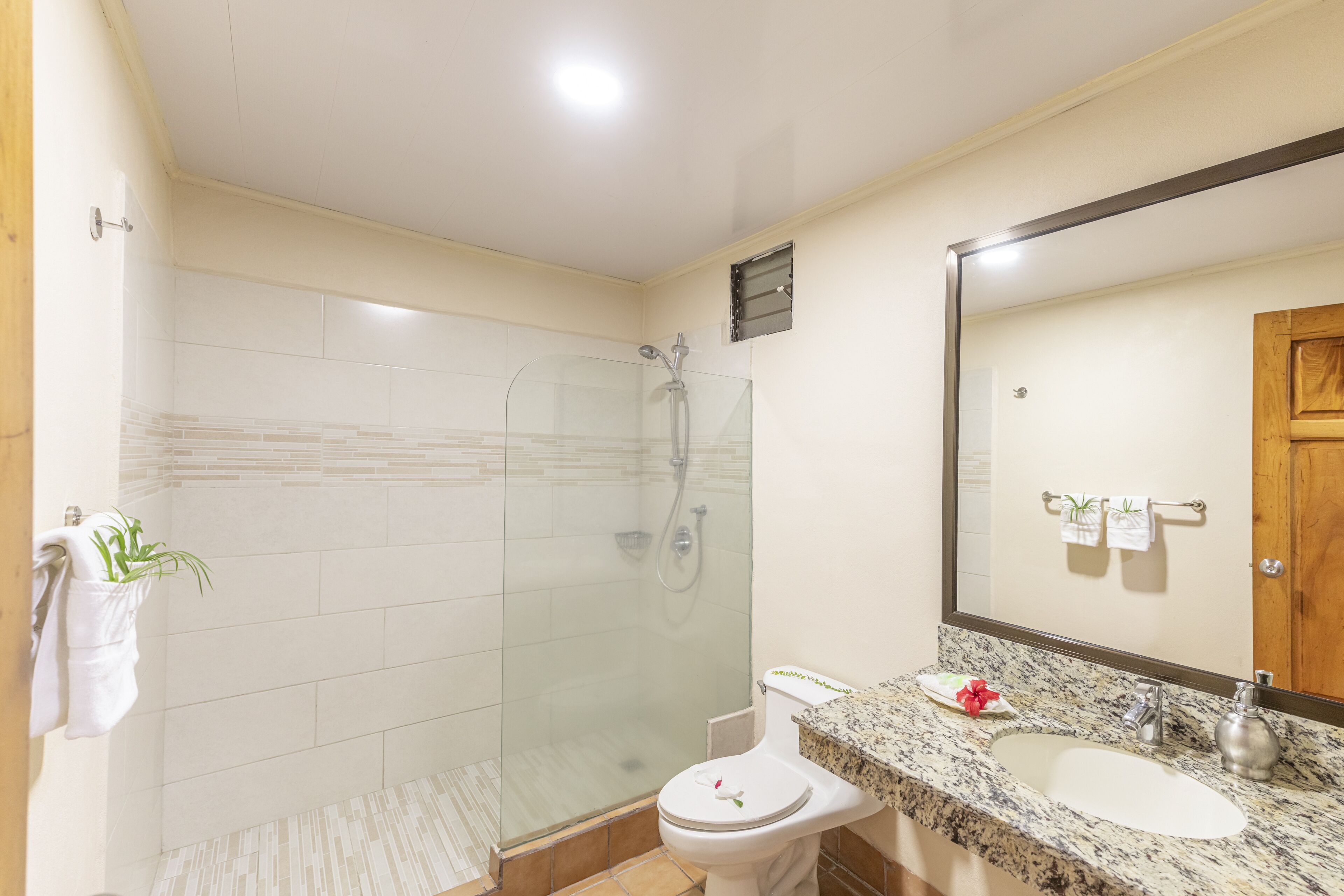 A bathroom with a glass-enclosed shower, a white toilet, and a granite countertop sink.