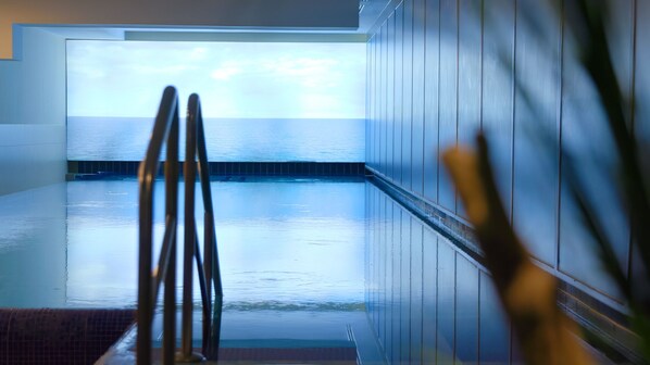 Ein Schwimmbad mit Meerblick, einem Stuhl und einer Pflanze.