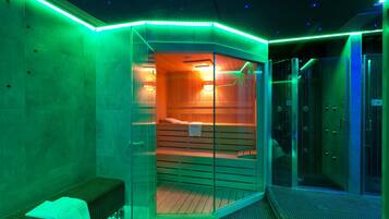 A sauna with a glass enclosure, wooden benches, and a tiled floor.