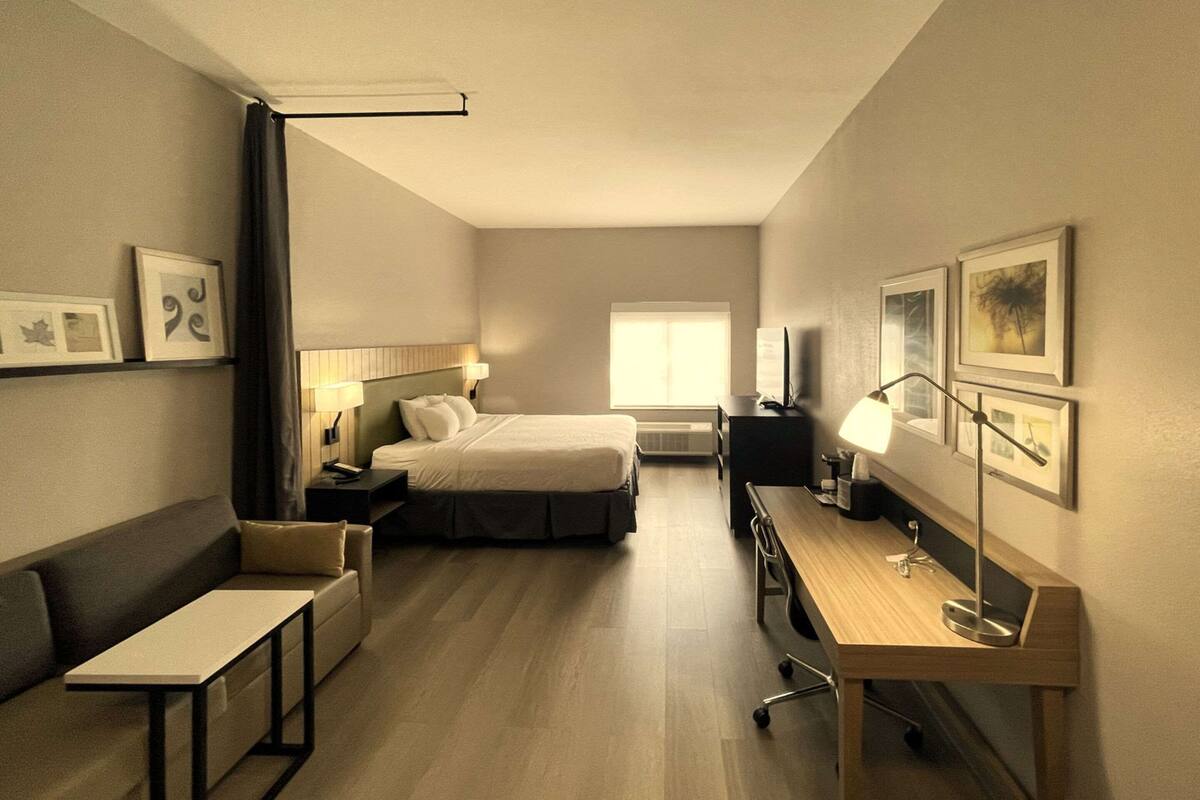 Una habitación de hotel con cama, escritorio, silla, sofá y televisor.