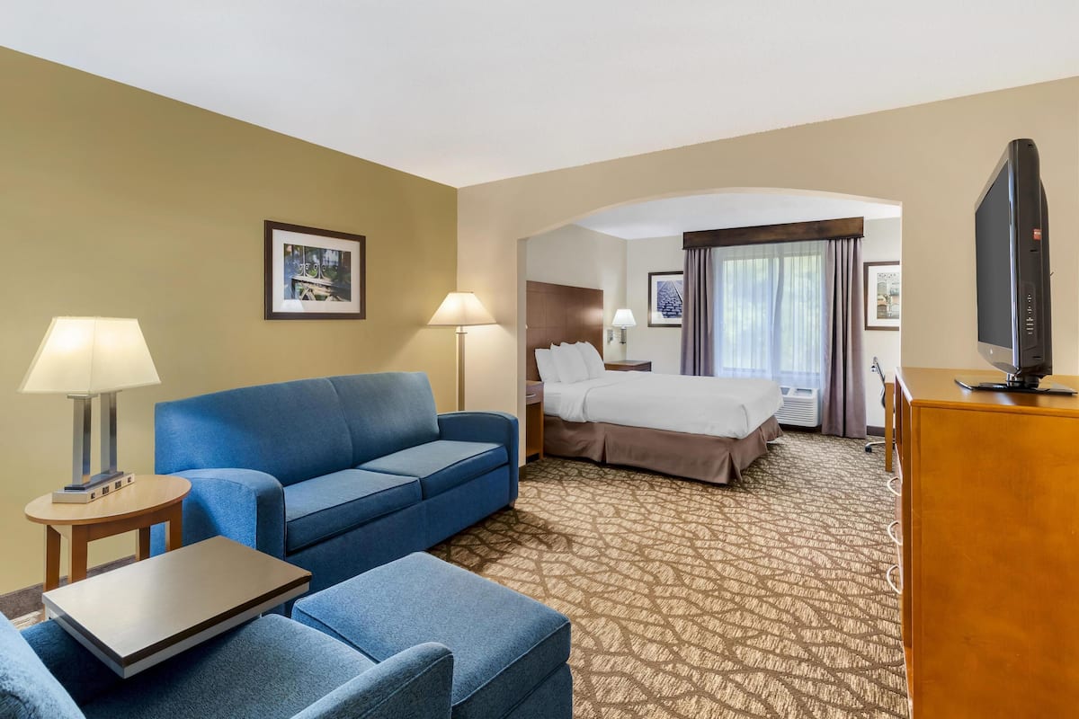 Una habitación de hotel con un sofá azul, una cama, un televisor y una mesita.