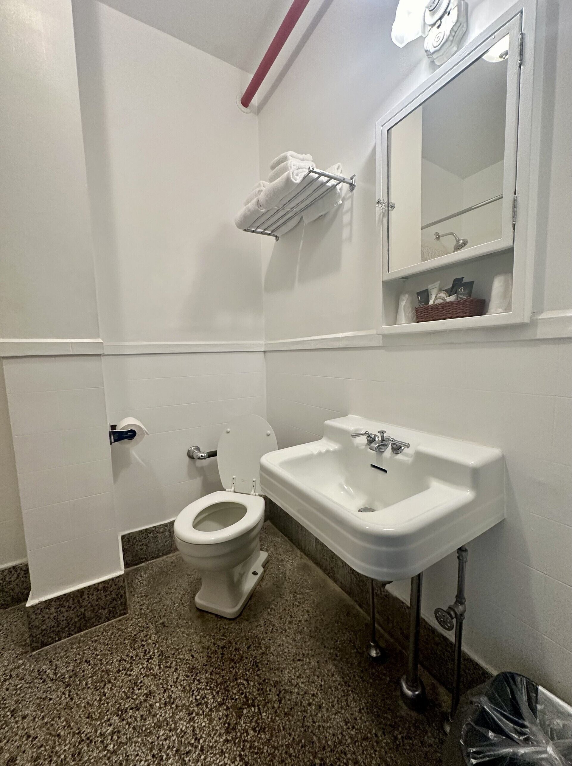 Een badkamer met toilet, wastafel en handdoekhouder.