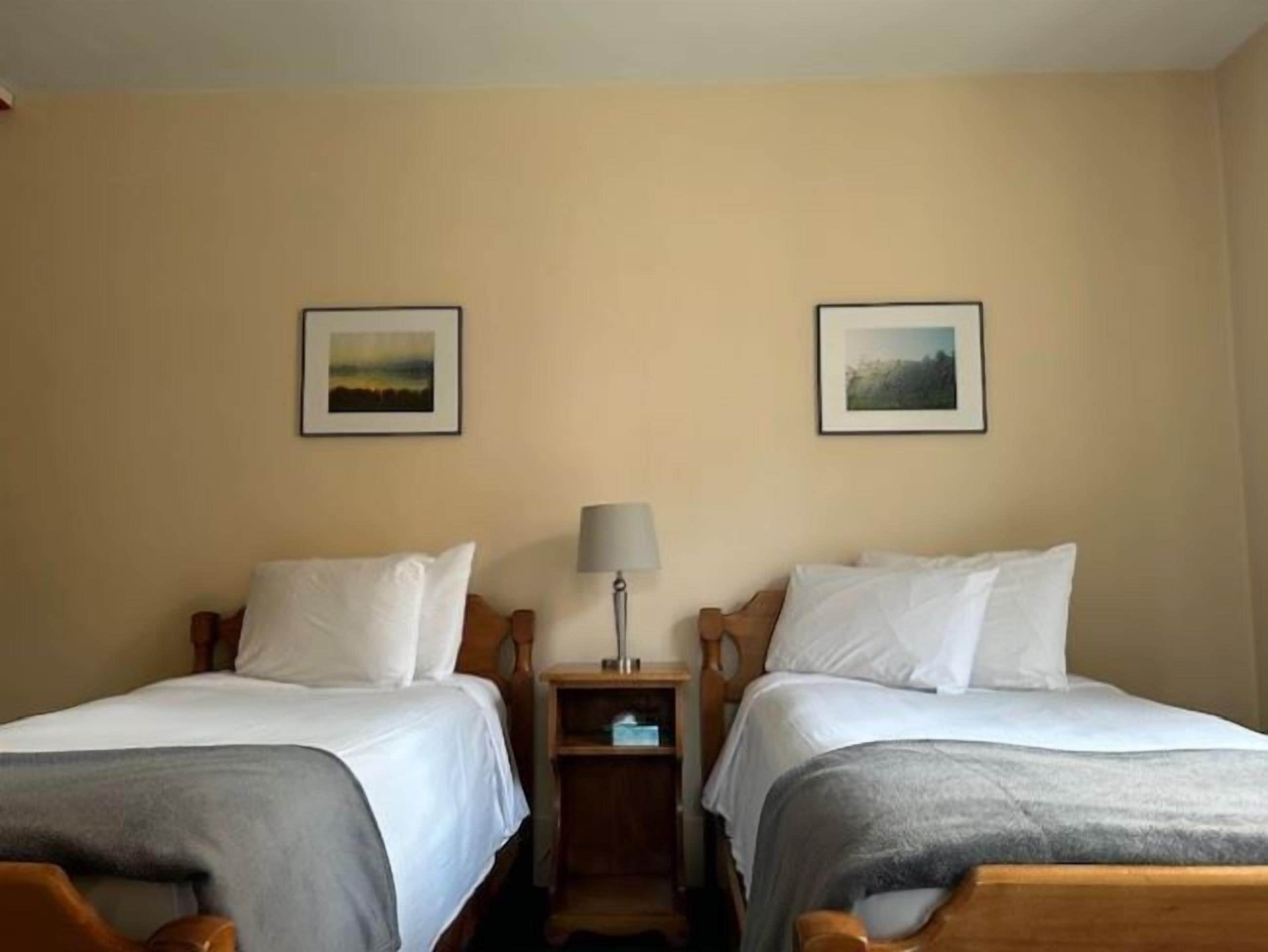 A hotel room with two single beds, a nightstand with a lamp, and two framed pictures on the wall.
