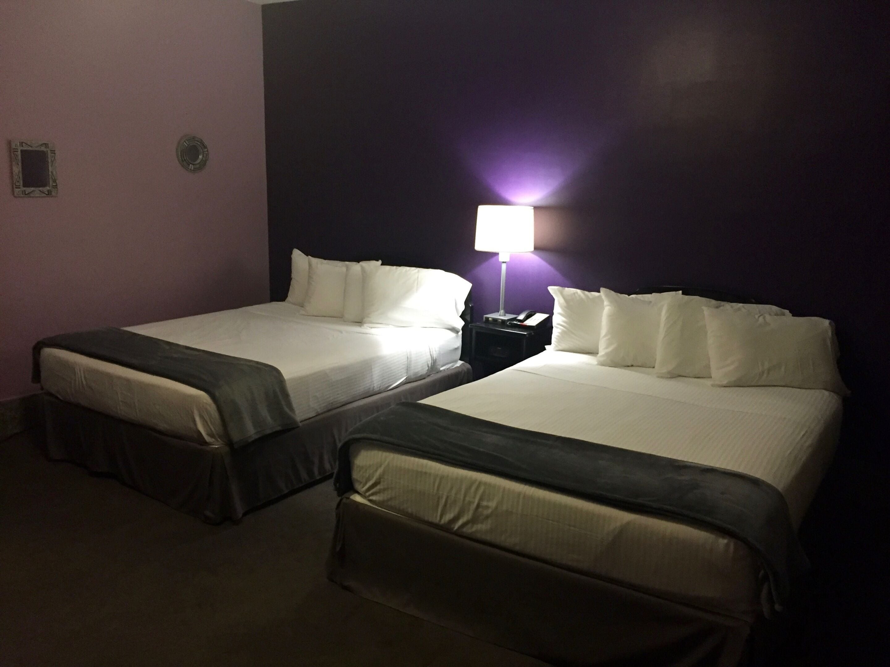 Two twin beds with white linens in a room with purple walls.