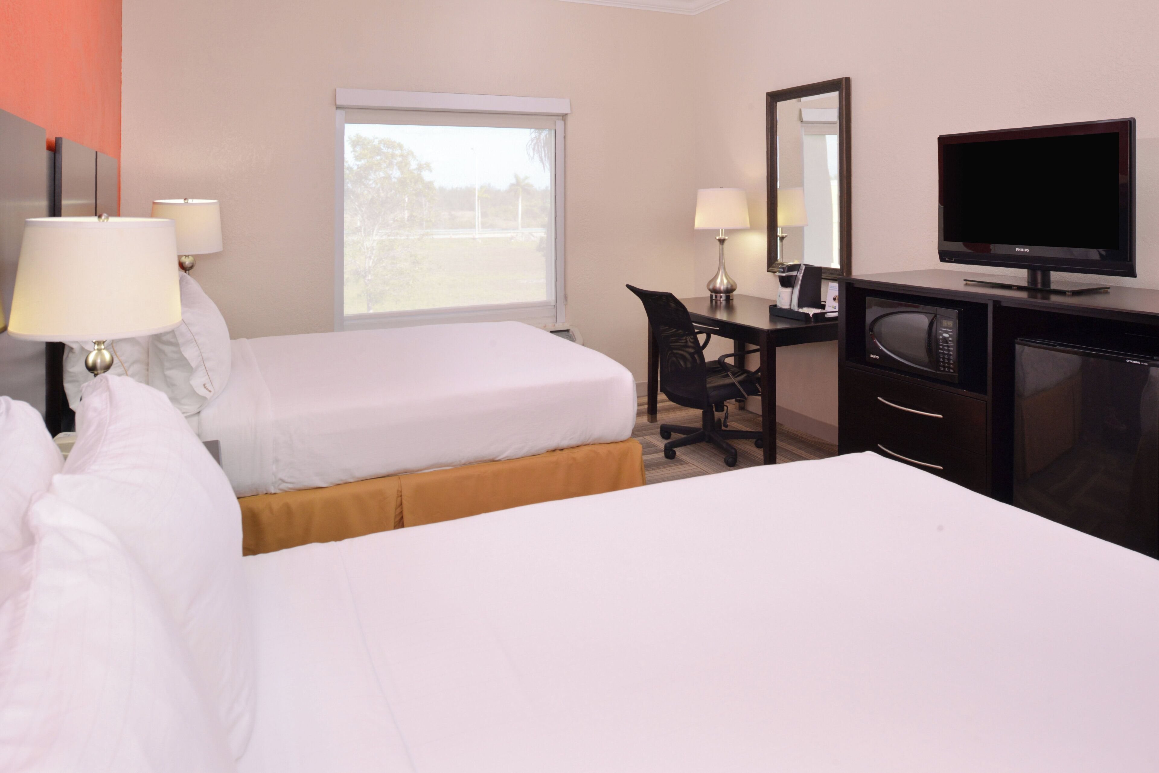 A hotel room with two beds, a desk with a chair, a television, a microwave, and a window with a view.