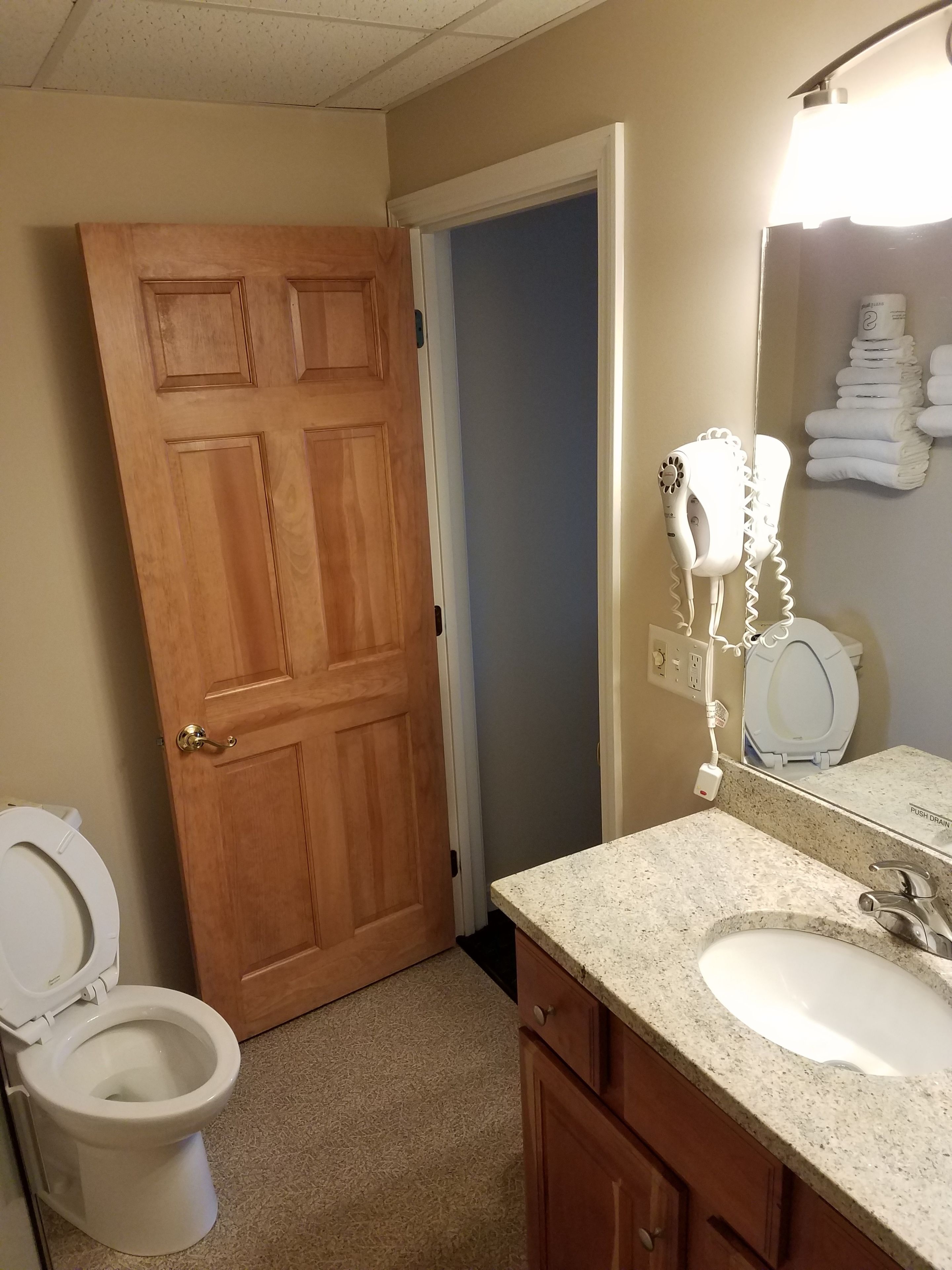 A bathroom with a wooden door, a white toilet, a hairdryer on a wall-mounted outlet, and a sink with a mirror above it.