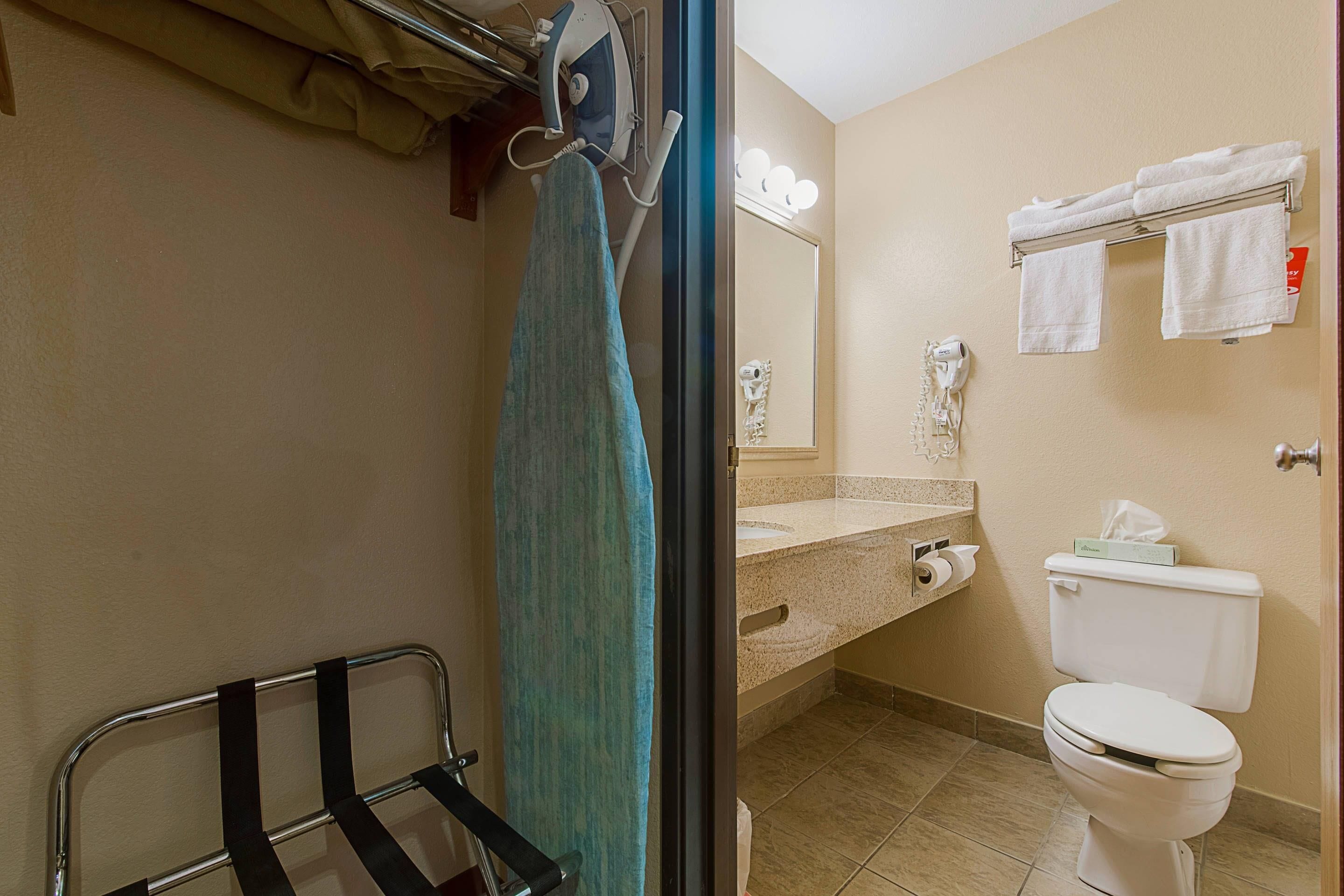 A bathroom with a shower, a towel rack, a toilet, and a sink with a mirror.