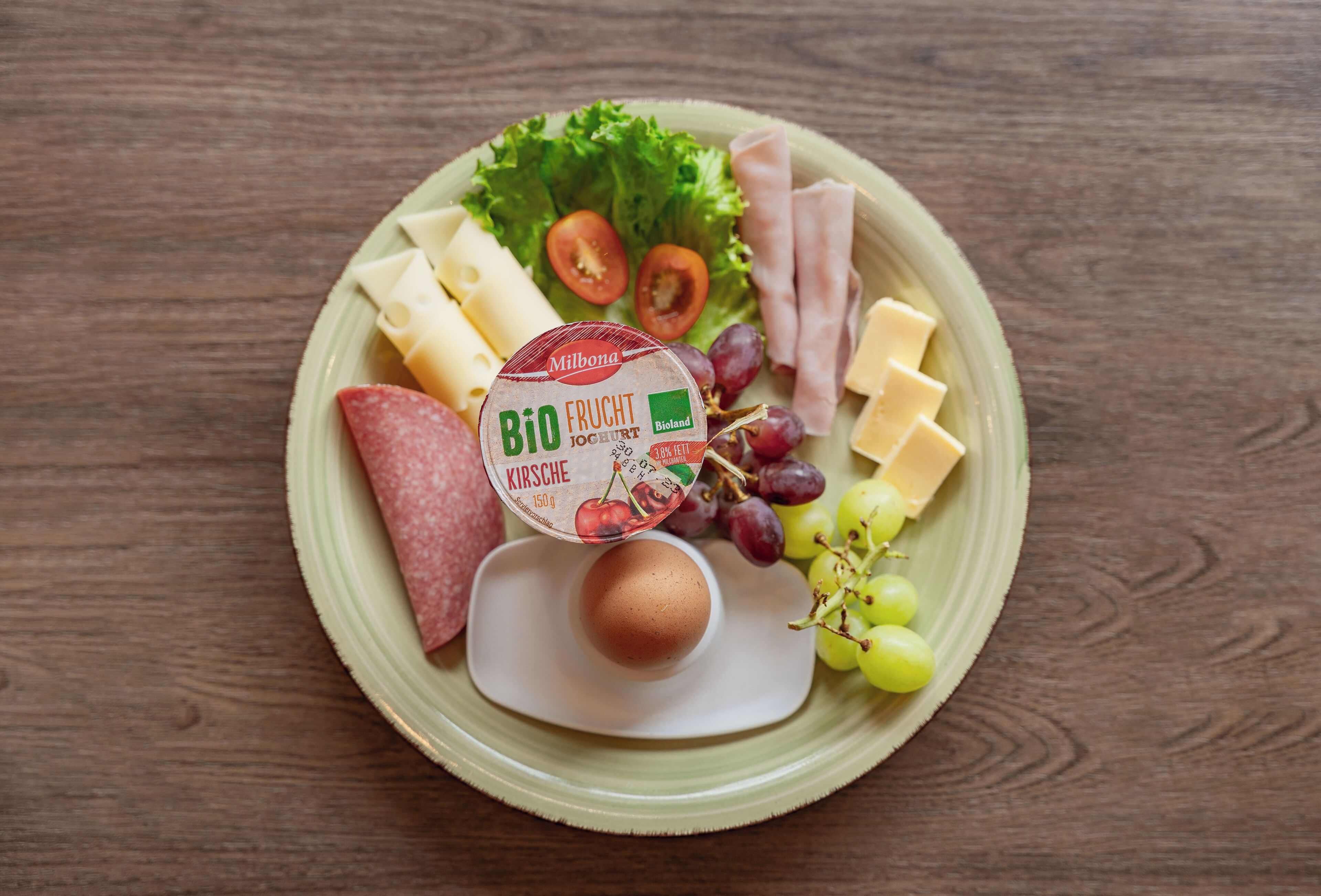 A plate of food including cheese, ham, lettuce, tomatoes, grapes, and a boiled egg.