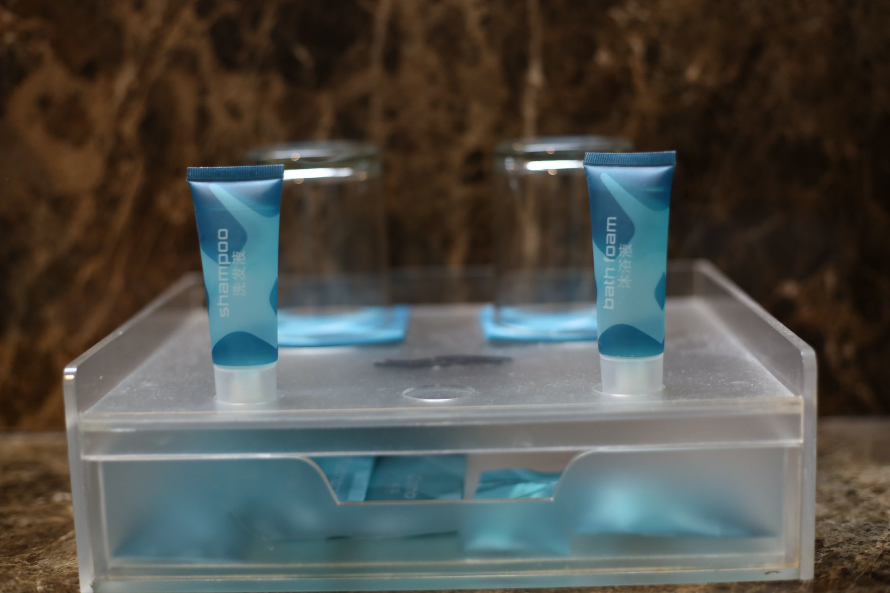Dos botellas de champú y acondicionador Dove en un recipiente de plástico transparente.