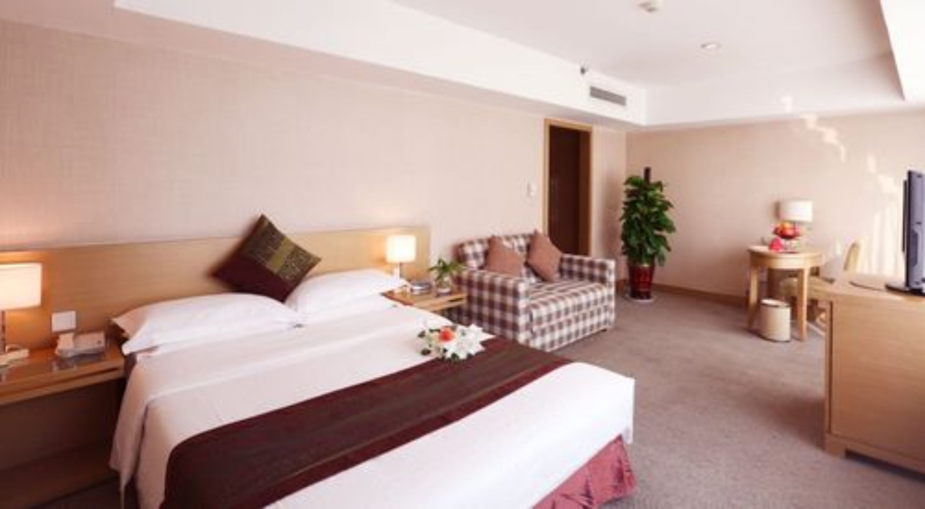 A hotel room with a large bed, a sofa, a desk, and a television.