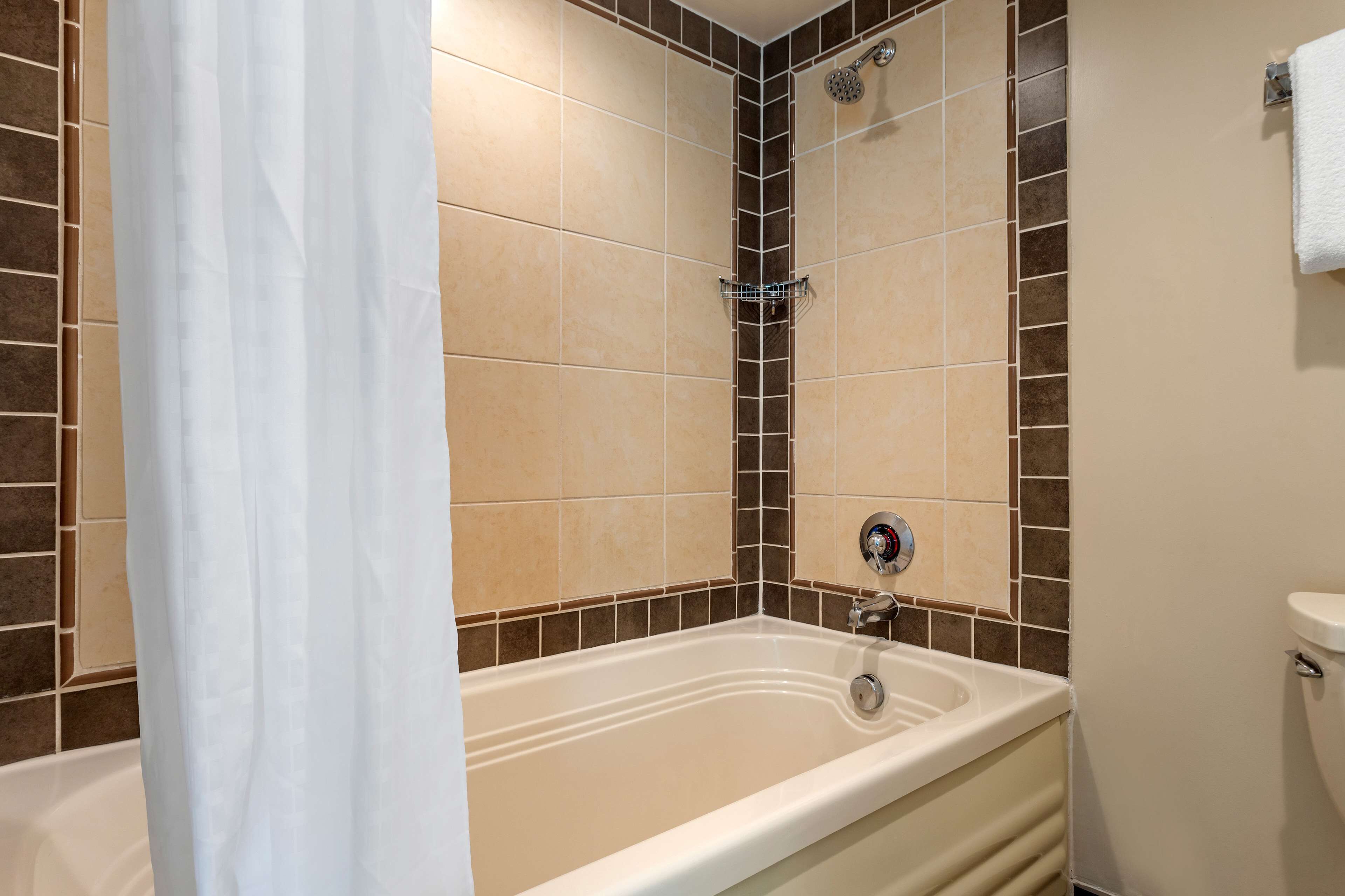A bathroom with a bathtub, shower, and toilet.