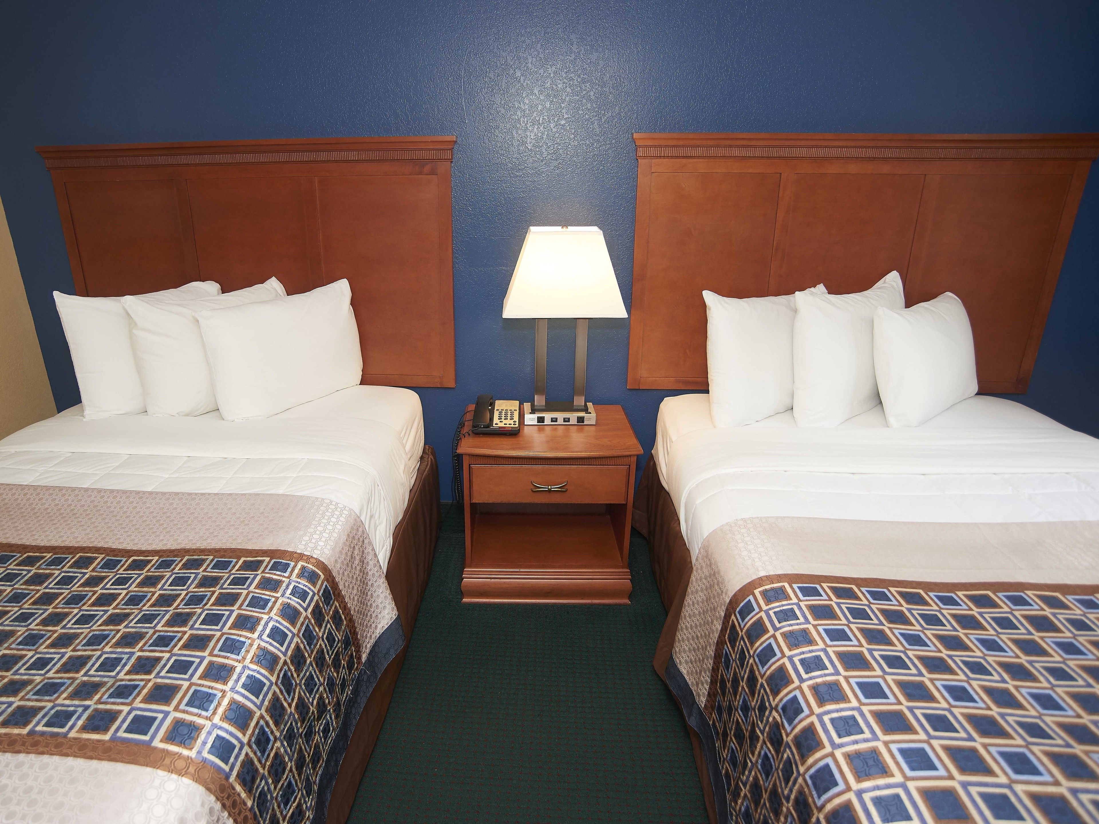 Une chambre d’hôtel avec deux lits, chacun étant équipé de draps blancs et d’une couette à motifs. Une table de chevet en bois se trouve entre les deux lits, avec une lampe et un téléphone. Les murs sont peints en bleu et le sol est recouvert d’une moquette.