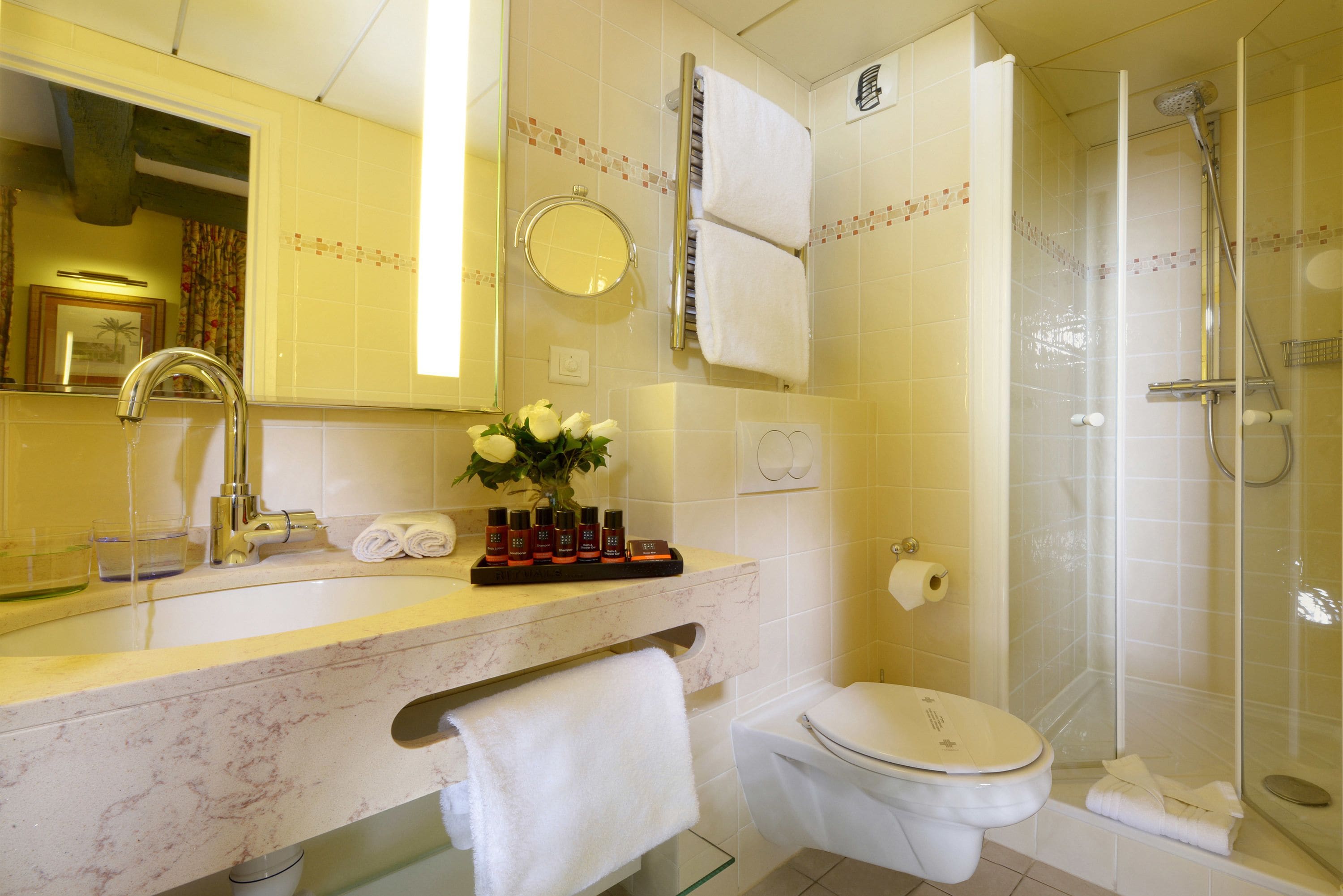 free toiletries, hair dryer, slippers, towels