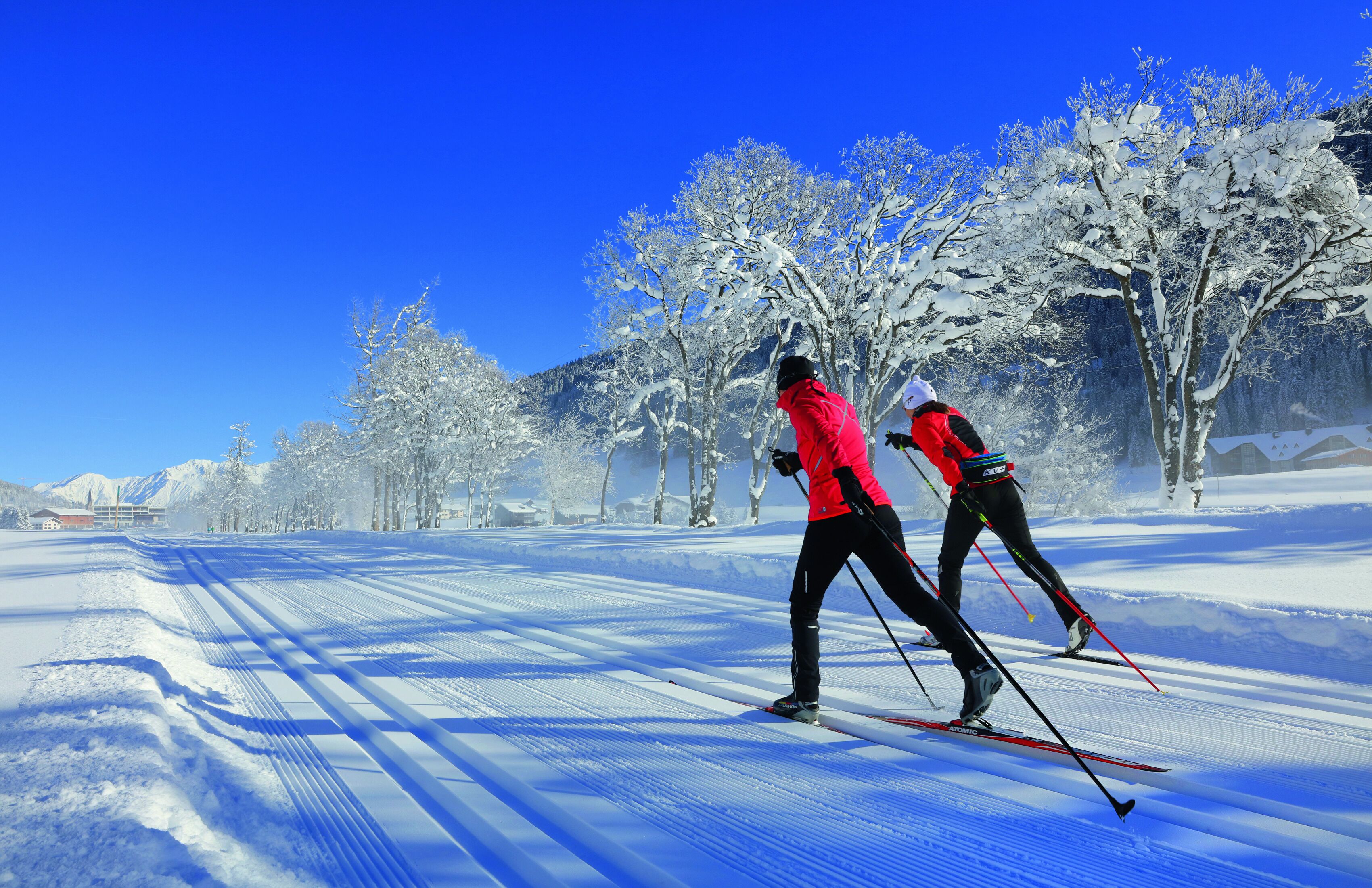 Schneebedeckte Landschaft mit zwei Skifahrern in roten Jacken.
