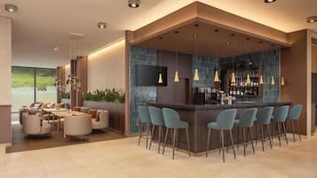 Zona de bar moderna con mostrador, varios taburetes e iluminación colgante.