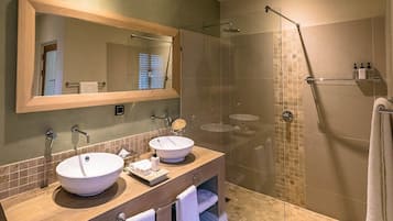 Shower, free toiletries, hair dryer, bathrobes
