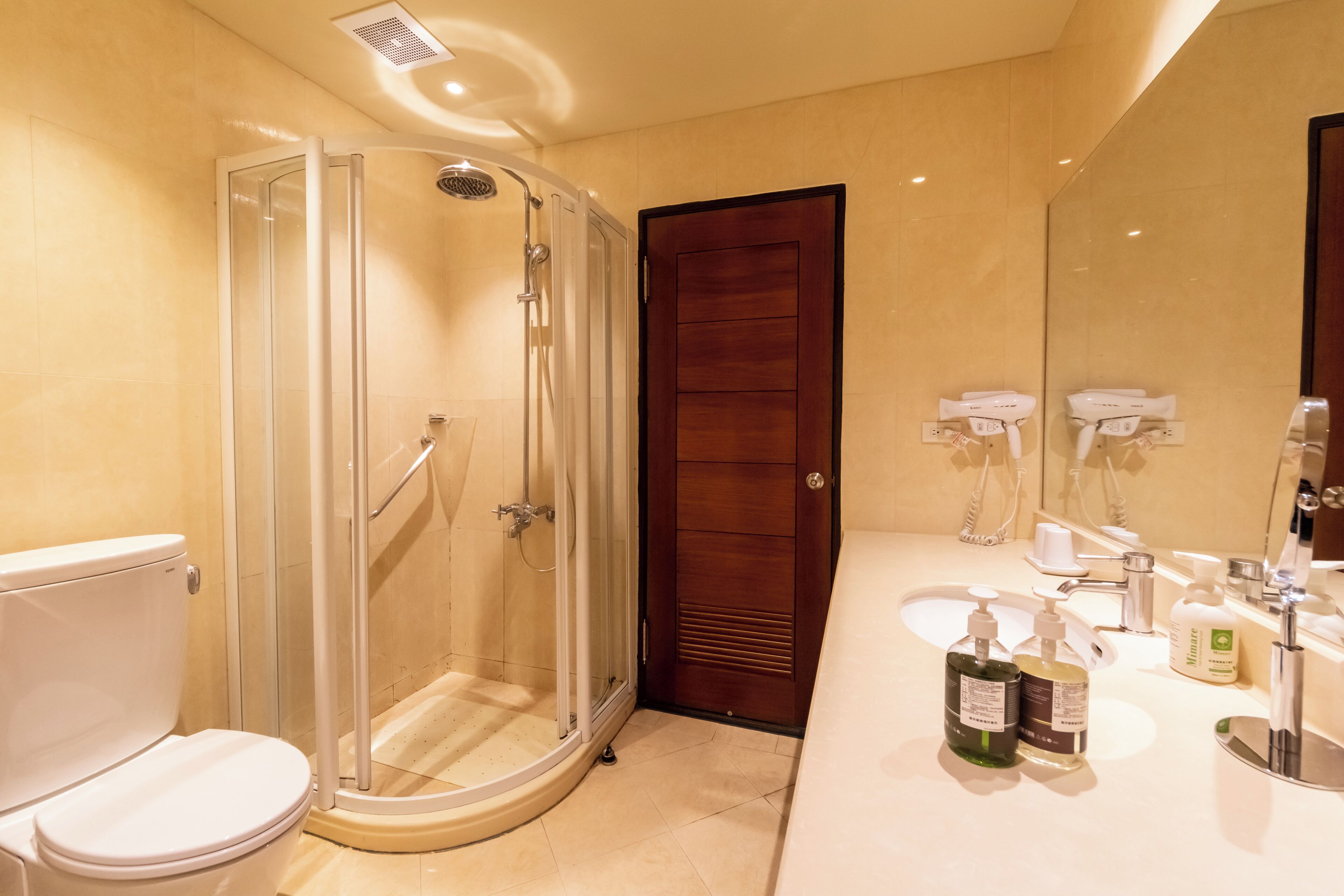 A bathroom with a glass-enclosed shower, a toilet, a sink with hand soap, and a mirror.