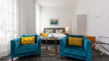 Premium bedding, desk, blackout curtains, iron/ironing board