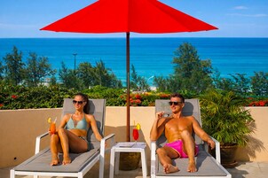 Outdoor pool, pool umbrellas, pool loungers