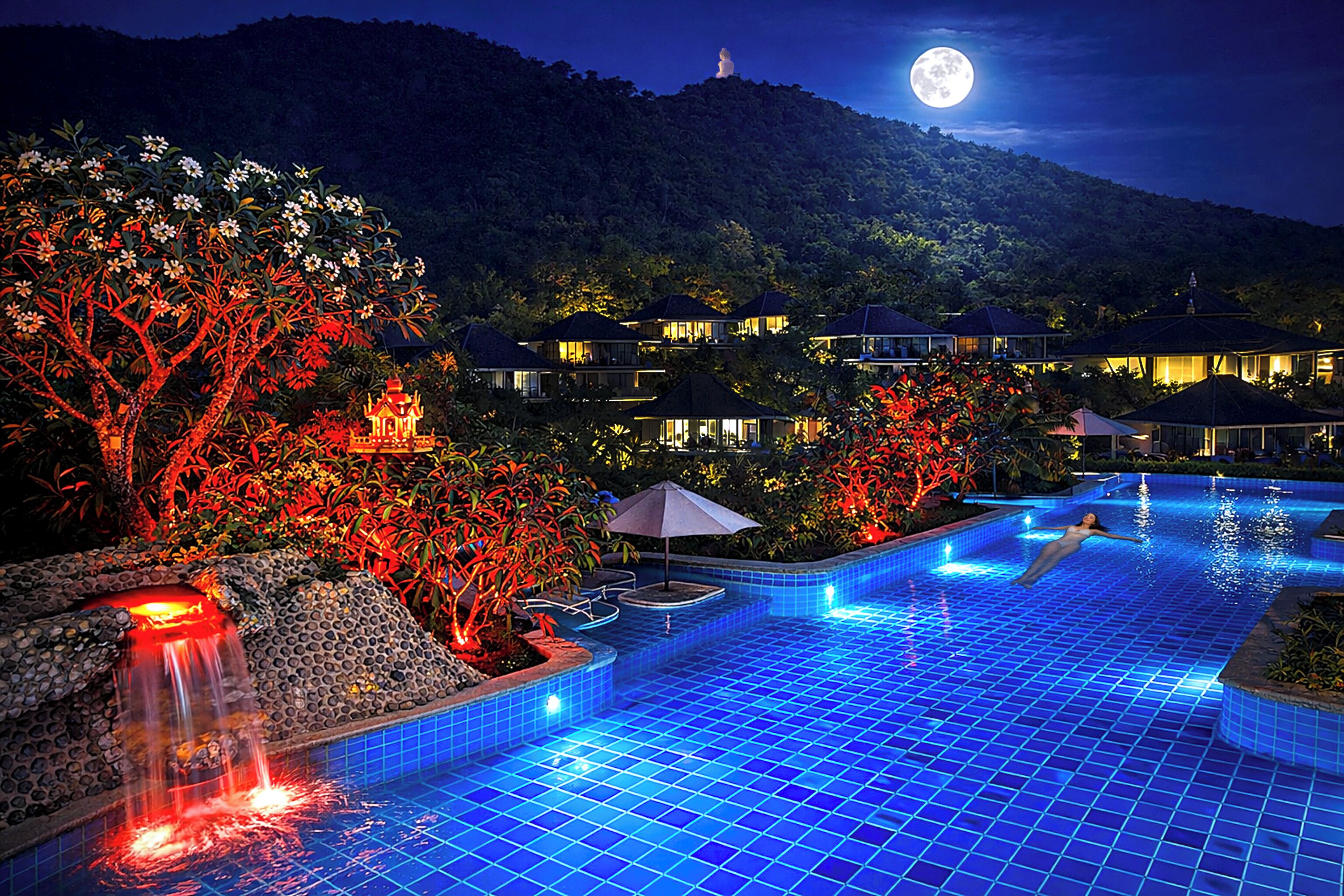 Outdoor pool, pool umbrellas, sun loungers