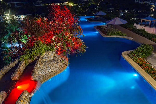 Outdoor pool, pool umbrellas, pool loungers