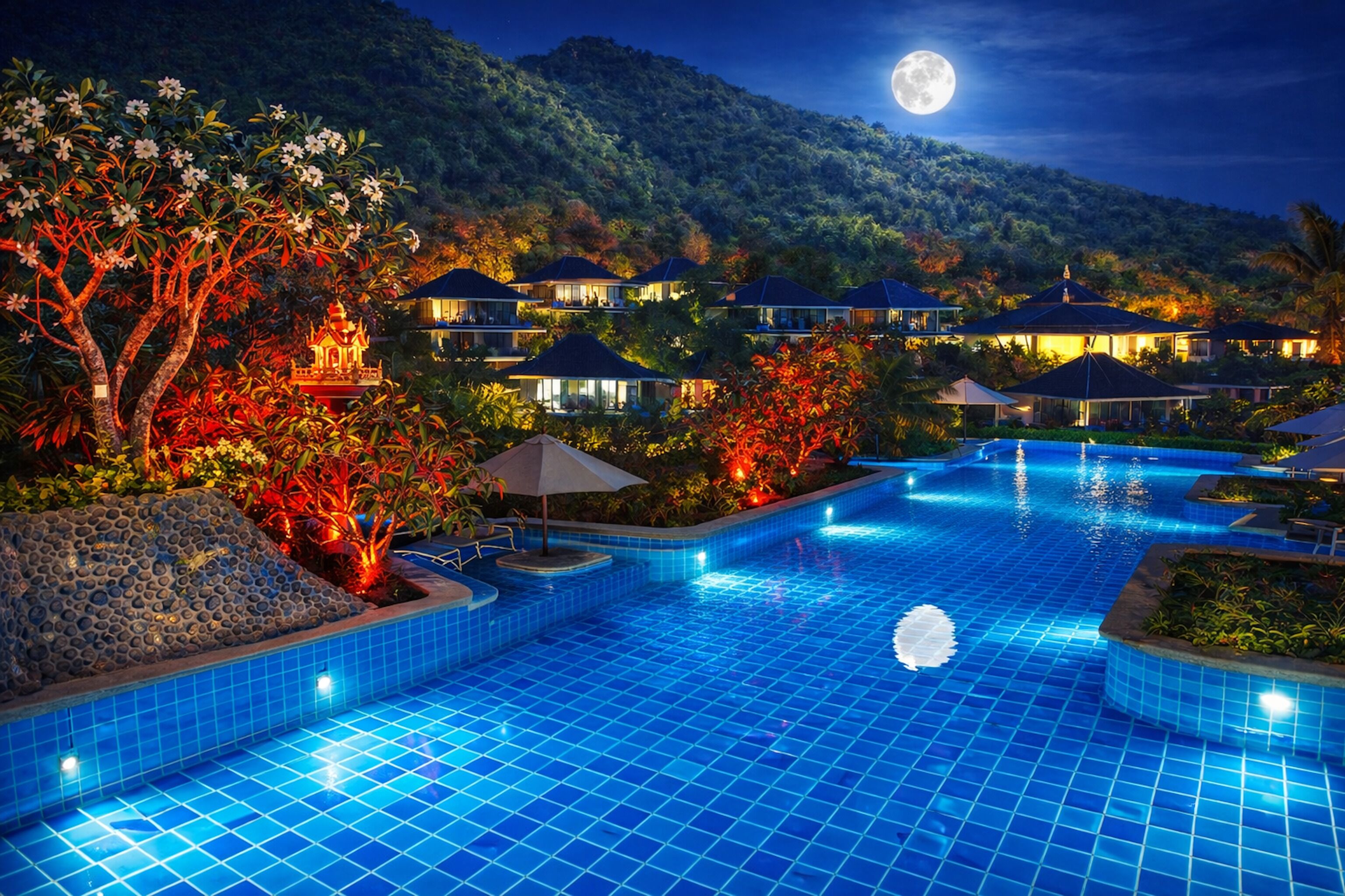 Una piscina al aire libre, sombrillas, tumbonas