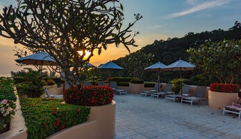 Outdoor pool, pool umbrellas, pool loungers